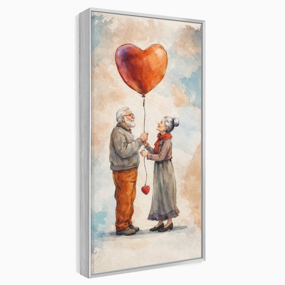 Tablou canvas cu tablou canvas cuplu in varsta si inima, in rama de aluminiu argintiu